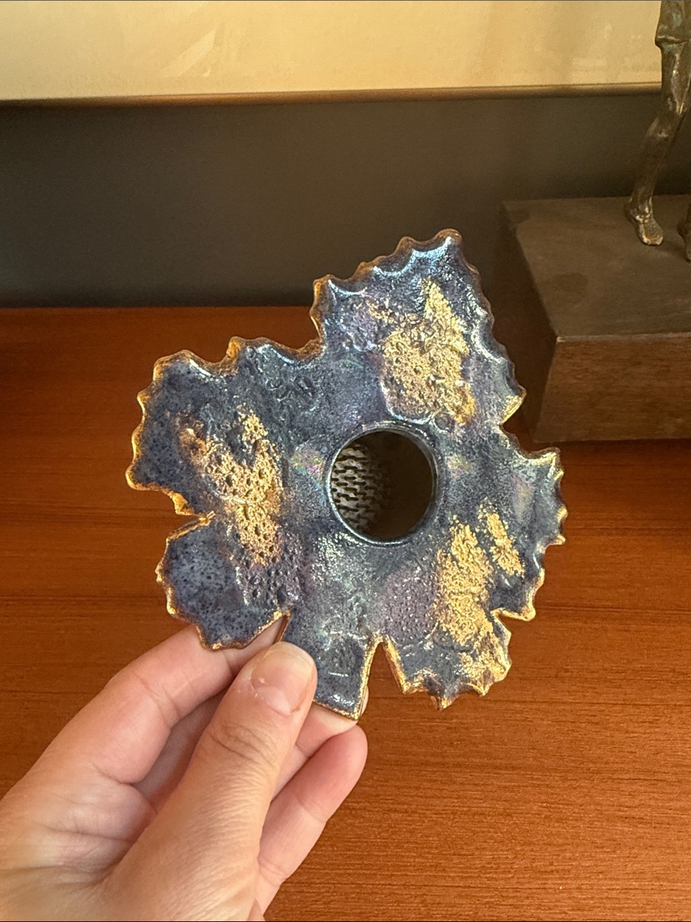Vintage Leaf-Shaped Ceramic ikebana vase Iridescent Blue and Gold by originals